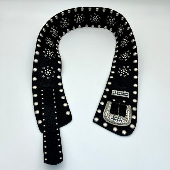 Vintage Leatherock Wide Hip Belt L Black Leather Rhinestone Studded Y2K Rockstar main image 11